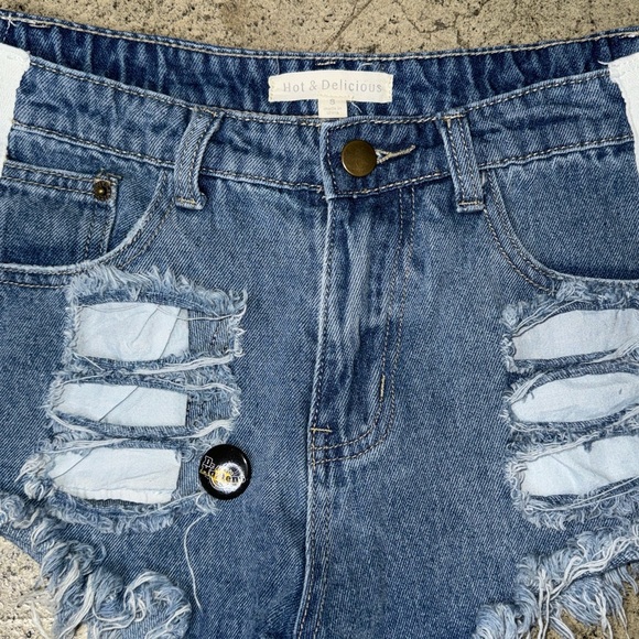 Hot and delicious open side lace up distressed denim mini shorts size S - Picture 4 of 8